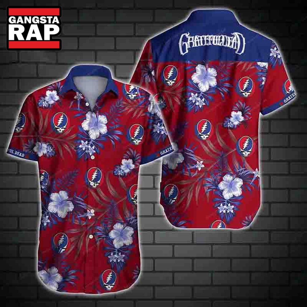 Grateful Dead Hibiscus Tropical Skull Blue Red 2024 Summer Hawaiian Shirt Grateful Dead Hawaiian Shirt