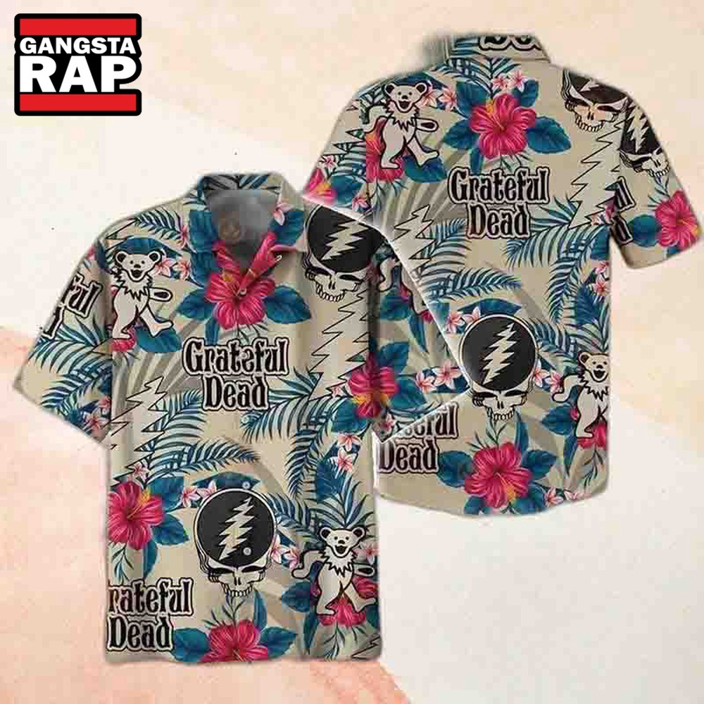 Grateful Dead Logo With Flower And Leaves Pattern 2024 Summer Hawaiian Shirt, Grateful Dead Hawaiian Shirt Grateful Dead Logo With Flower And Leaves Pattern 2024 Summer Hawaiian Shirt, Grateful Dead Hawaiian Shirt