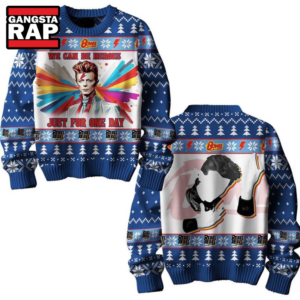 David Bowie We Can Be Heroes Just For One Day Rebel Rebel Ugly Christmas Sweater David Bowie We Can Be Heroes Just For One Day Rebel Rebel Ugly Christmas Sweater