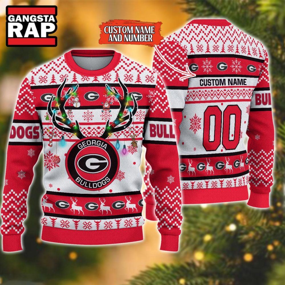 NCAA Georgia Bulldogs Design Logo Team Reindeer Light Ugly Christmas Sweater NCAA Georgia Bulldogs Design Logo Team Reindeer Light Ugly Christmas Sweater