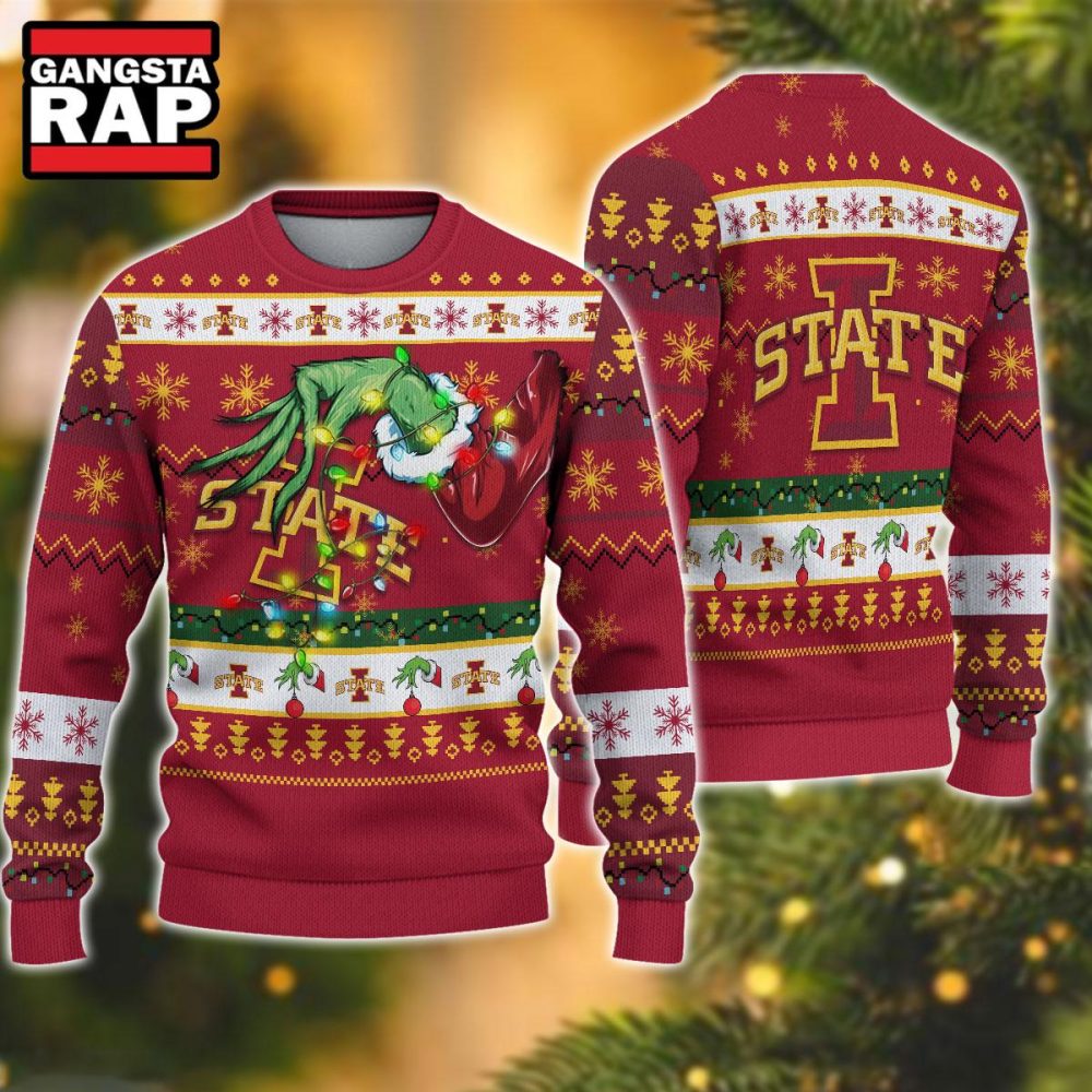 NCAA Iowa State Cyclones Grinch Hand Ugly Christmas Sweater NCAA Iowa State Cyclones Grinch Hand Ugly Christmas Sweater