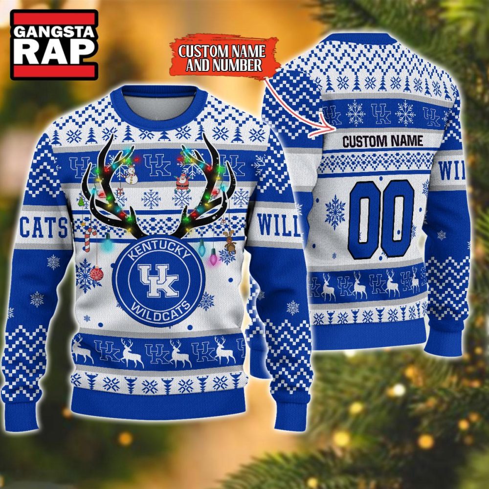 NCAA Kentucky Wildcats Design Logo Team Reindeer Light Ugly Christmas Sweater NCAA Kentucky Wildcats Design Logo Team Reindeer Light Ugly Christmas Sweater