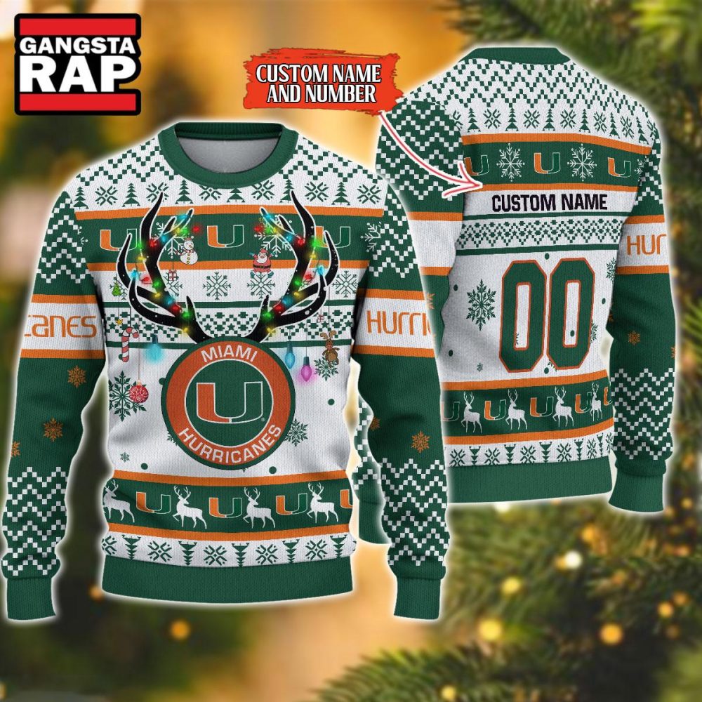 NCAA Miami Hurricanes Design Logo Team Reindeer Light Ugly Christmas Sweater NCAA Miami Hurricanes Design Logo Team Reindeer Light Ugly Christmas Sweater