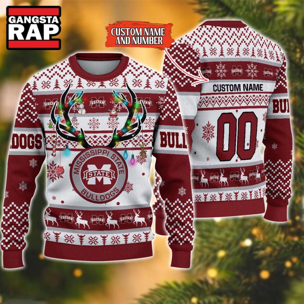 NCAA Mississippi State Bulldogs Design Logo Team Reindeer Light Ugly Christmas Sweater NCAA Mississippi State Bulldogs Design Logo Team Reindeer Light Ugly Christmas Sweater