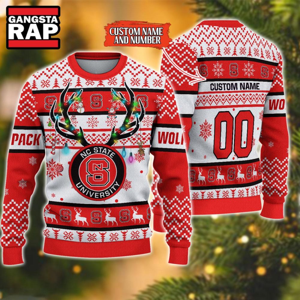 NCAA NC State Wolfpack Design Logo Team Reindeer Light Ugly Christmas Sweater NCAA NC State Wolfpack Design Logo Team Reindeer Light Ugly Christmas Sweater