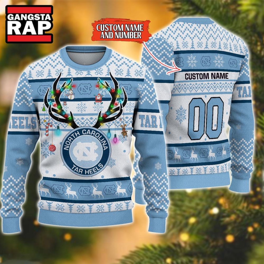 NCAA North Carolina Tar Heels Design Logo Team Reindeer Light Ugly Christmas Sweater NCAA North Carolina Tar Heels Design Logo Team Reindeer Light Ugly Christmas Sweater