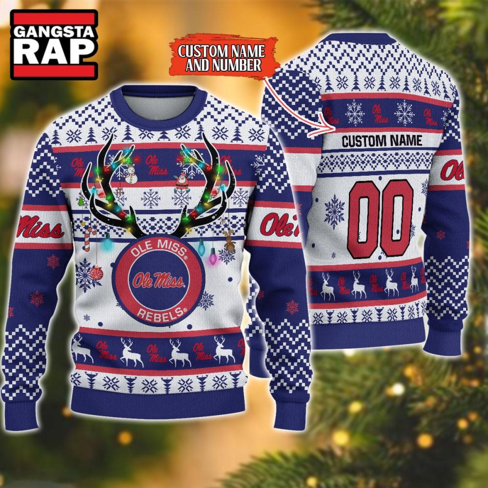NCAA Ole Miss Rebels Design Logo Team Reindeer Light Ugly Christmas Sweater NCAA Ole Miss Rebels Design Logo Team Reindeer Light Ugly Christmas Sweater