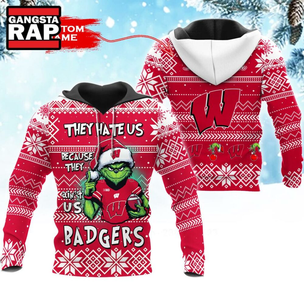 NCAA Wisconsin Badgers They Hate US Special Grinch Snow Christmas Hoodie NCAA Wisconsin Badgers They Hate US Special Grinch Snow Christmas Hoodie