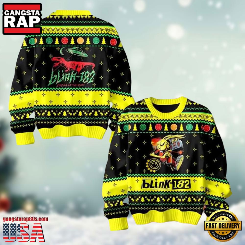 Blink 182 Band Emena Of The State Black Yellow Color Chirstmas Ugly Sweater Blink 182 Band Emena Of The State Black Yellow Color Chirstmas Ugly Sweater