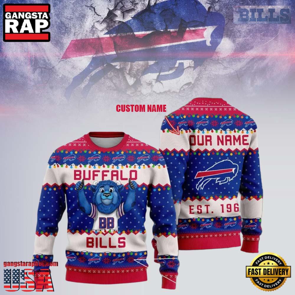 Custom Buffalo Bills Cute Mascot NFL Ugly Christmas Sweater Custom Buffalo Bills Cute Mascot NFL Ugly Christmas Sweater