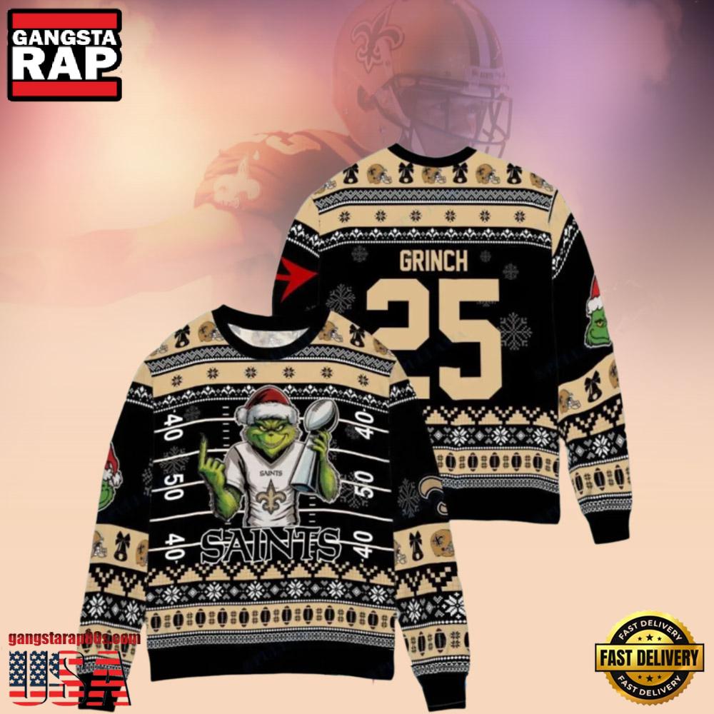 Custom New Orleans Saints Grinch NFL Ugly Christmas Sweater Custom New Orleans Saints Grinch NFL Ugly Christmas Sweater
