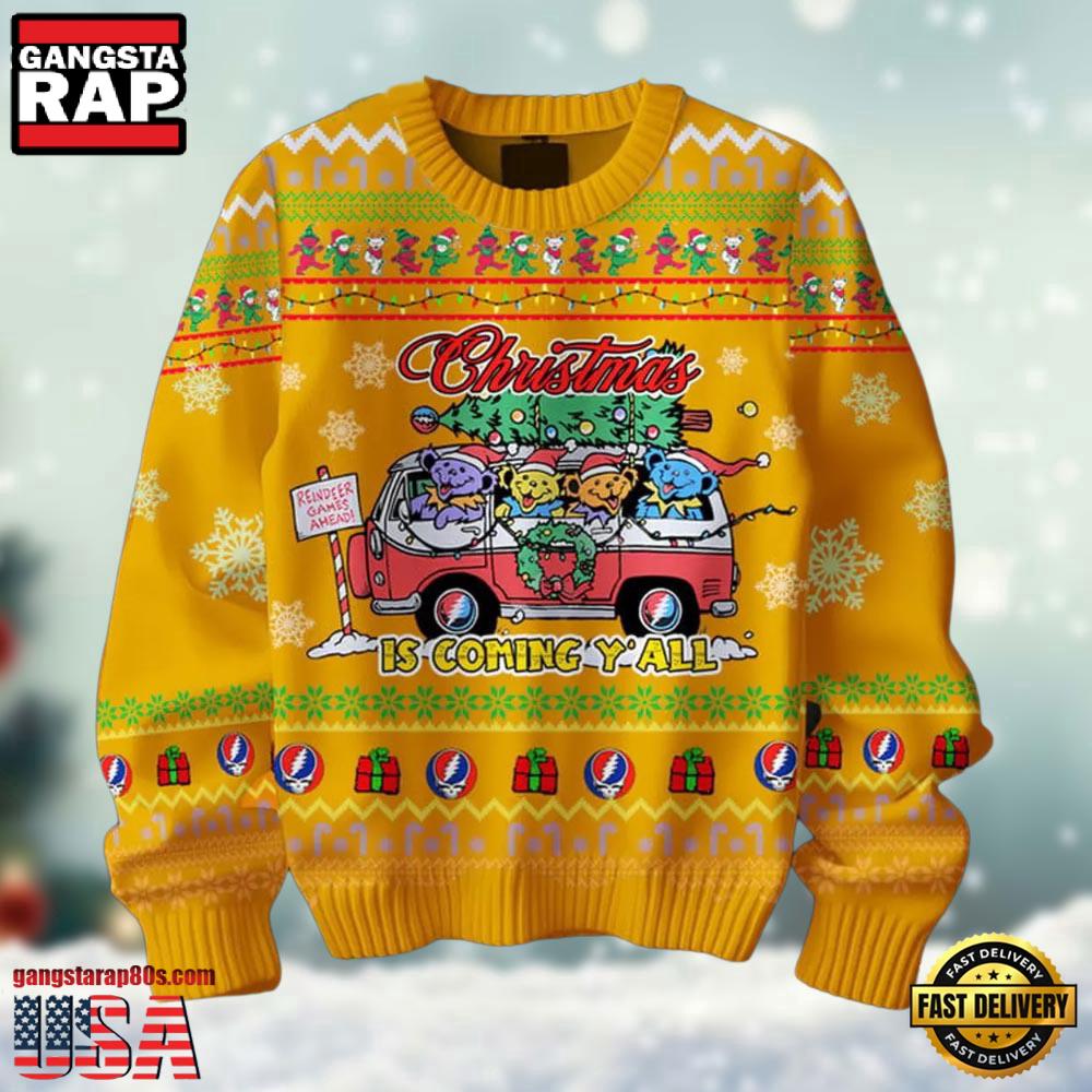 Grateful Dead Is Coming Y’All Christmas Ugly Sweater Yellow Color
