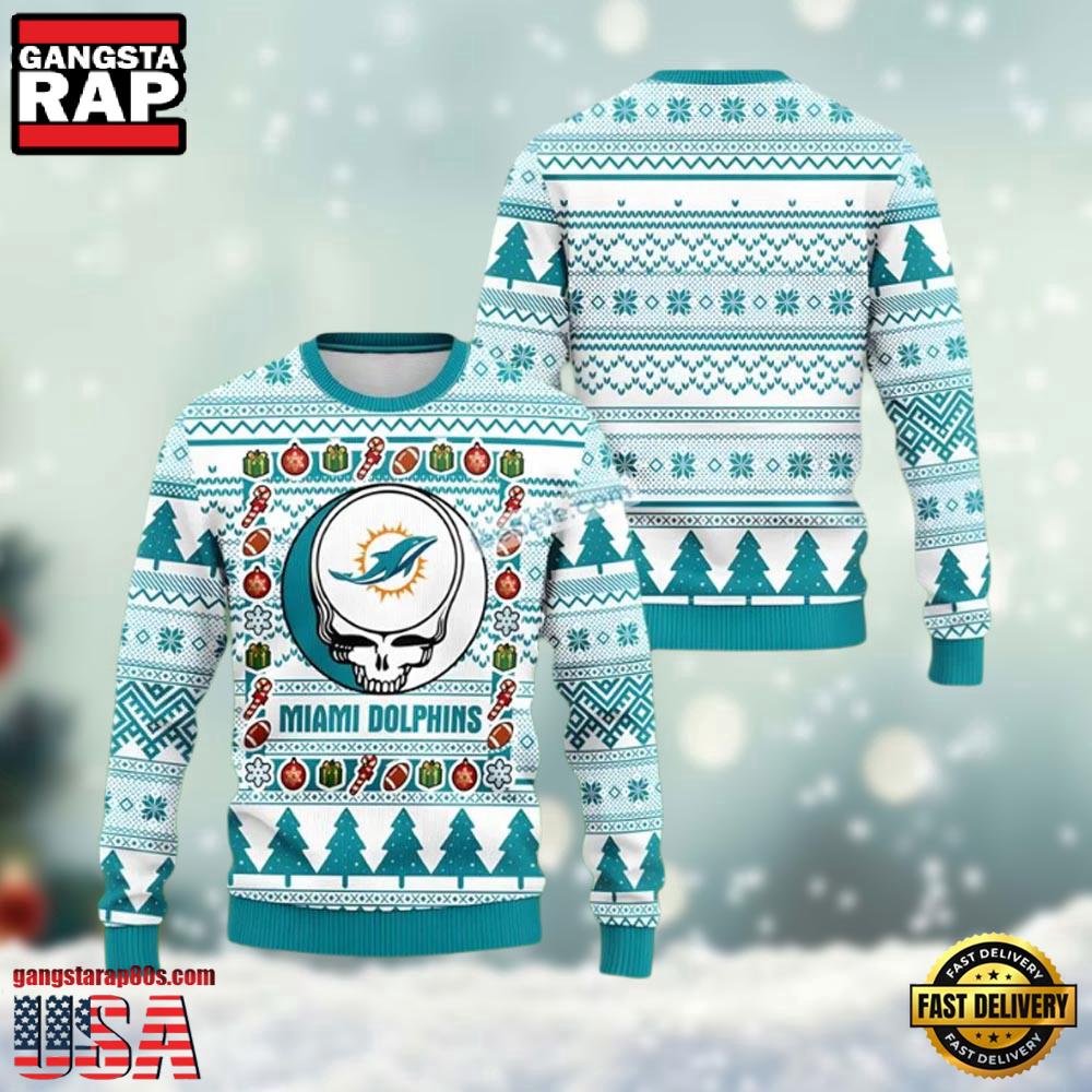 Grateful Dead Miami Dolphins Light Blue Color Ugly Christmas Sweater Grateful Dead Miami Dolphins Light Blue Color Ugly Christmas Sweater
