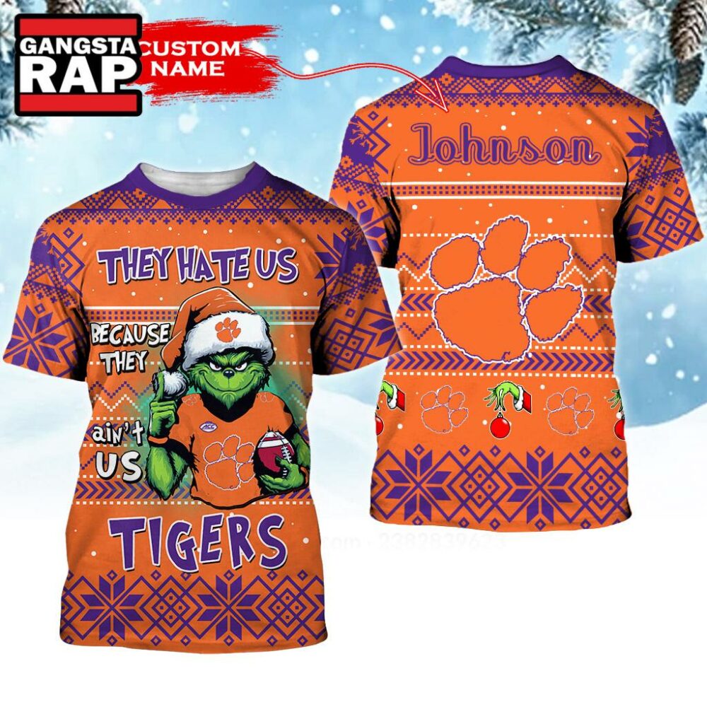 NCAA Clemson Tigers They Hate US Special Grinch Snow Christmas T Shirt NCAA Clemson Tigers They Hate US Special Grinch Snow Christmas T Shirt