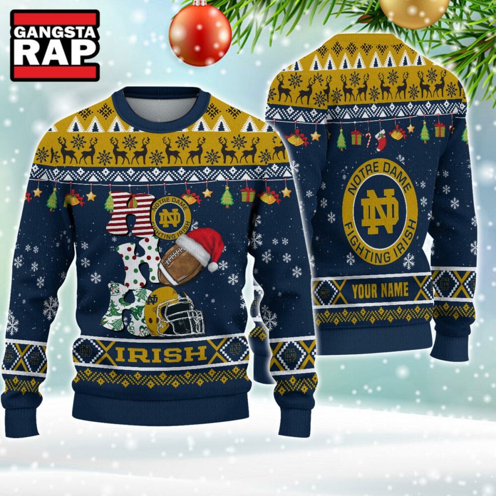 NCAA Notre Dame Fighting Irish Football Team HO HO HO Santa Claus Ugly Christmas Sweater NCAA Notre Dame Fighting Irish Football Team HO HO HO Santa Claus Ugly Christmas Sweater