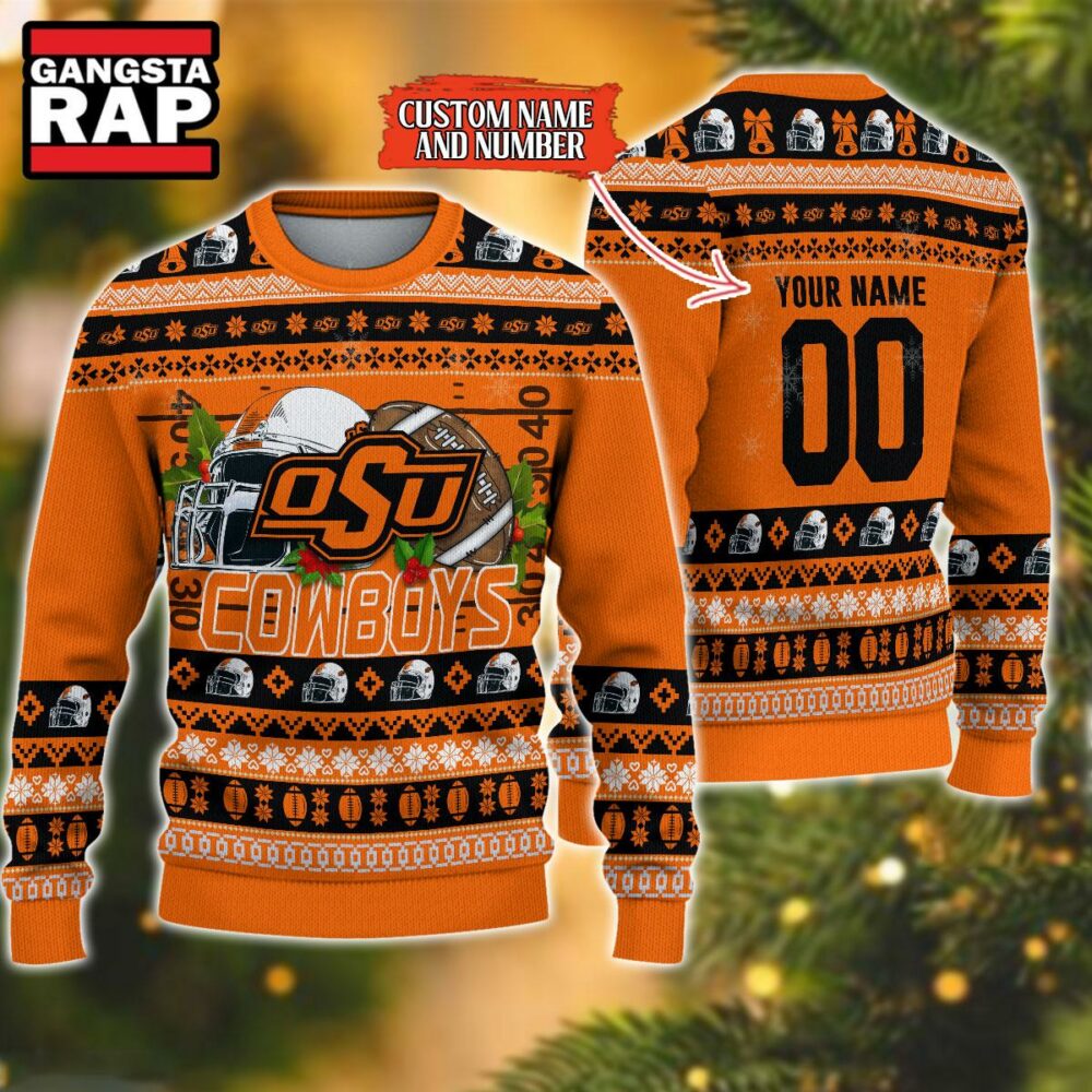 NCAA Oklahoma State Cowboys Football Team Custom Name Number New Ugly Christmas Sweater