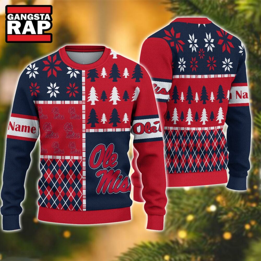 NCAA Ole Miss Rebels Football Team Xmas Tree Snow Custom Name Ugly Christmas Sweater NCAA Ole Miss Rebels Football Team Xmas Tree Snow Custom Name Ugly Christmas Sweater
