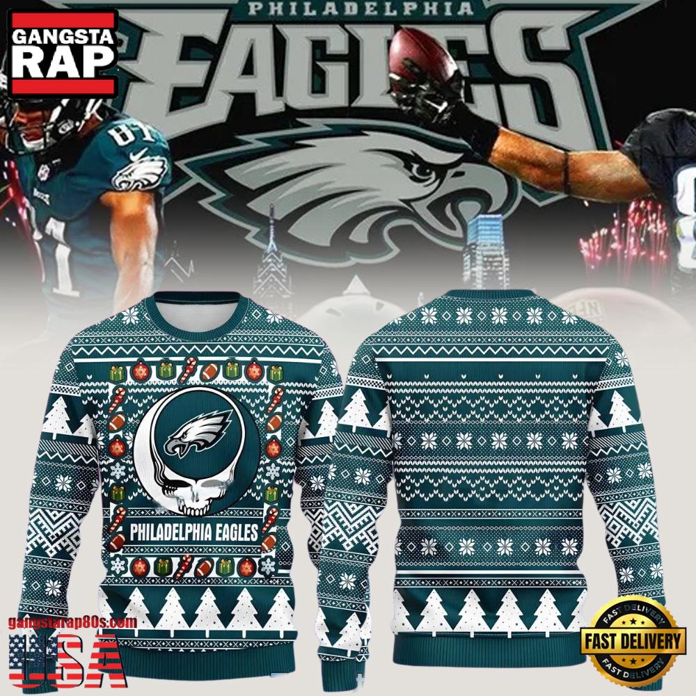 Philadelphia Eagles Grateful Dead Blue Color Ugly Christmas Sweater Philadelphia Eagles Grateful Dead Blue Color Ugly Christmas Sweater