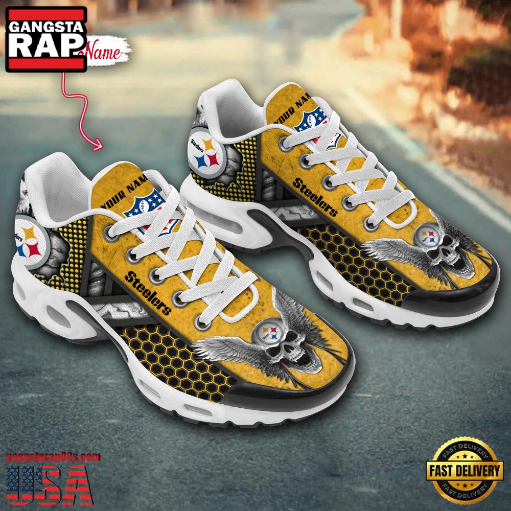 Custom Name NFL Pittsburgh Steelers Skull Air Max Plus Running Shoes For Men Women Custom Name NFL Pittsburgh Steelers Skull Air Max Plus Running Shoes For Men Women