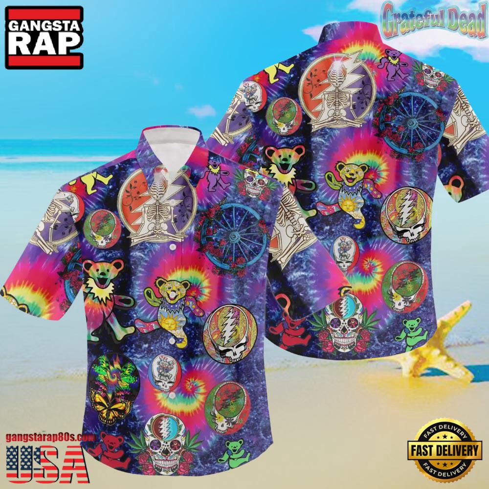 Grateful Dead Bears Tie Die With Skeleton Unisex Hawaiian Shirt