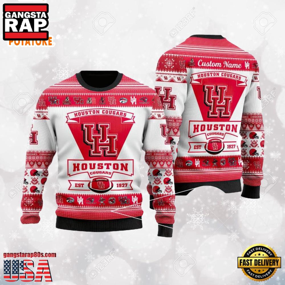 Houston Cougars Logo Custom Name For Football Fans NCAA Ugly Christmas Sweater Houston Cougars Logo Custom Name For Football Fans NCAA Ugly Christmas Sweater
