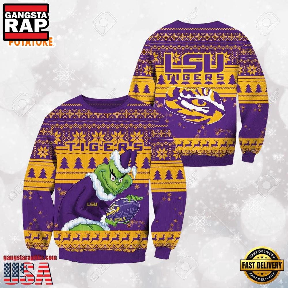 LSU Tigers Grinch Custom Name NCAA Ugly Christmas Sweater LSU Tigers Grinch Custom Name NCAA Ugly Christmas Sweater