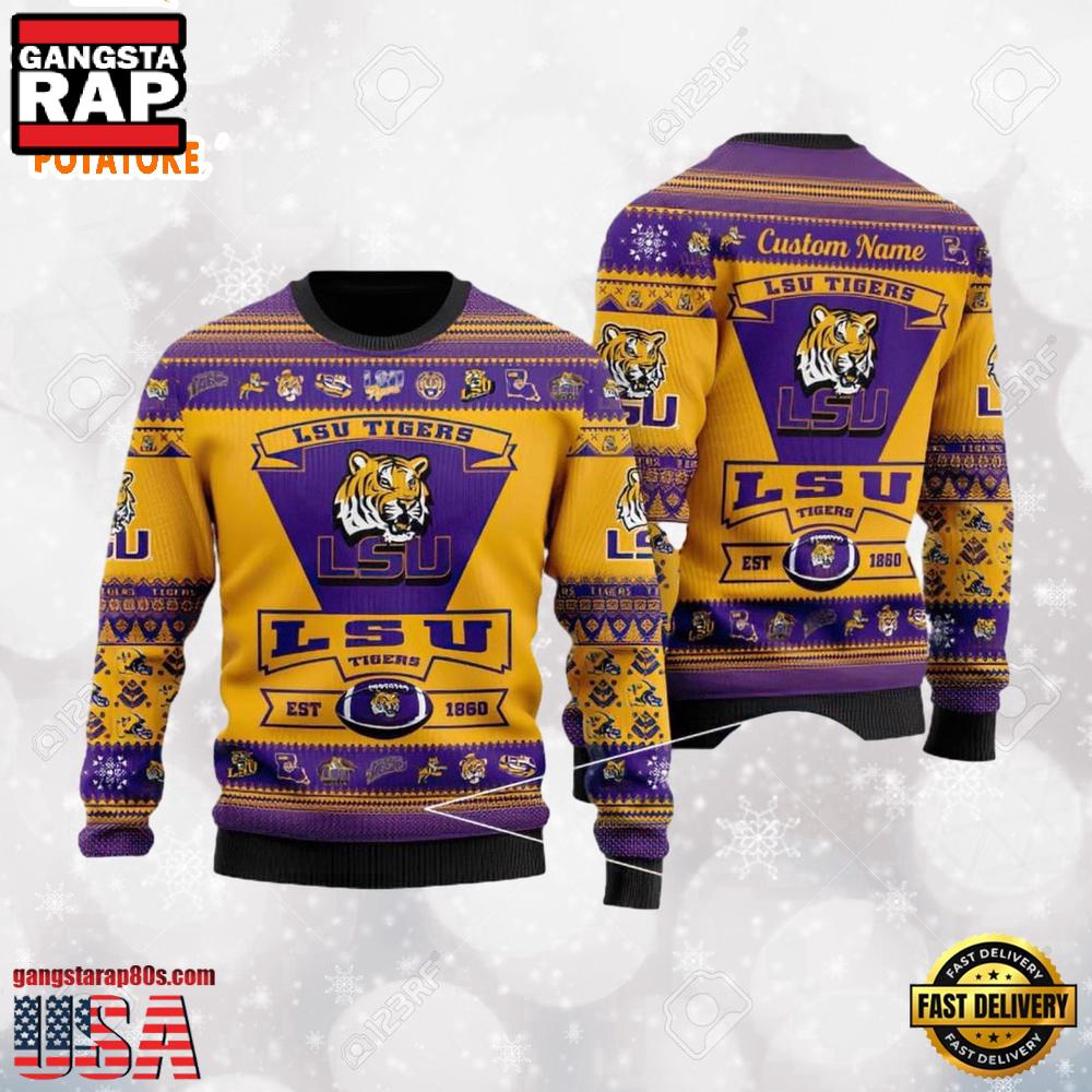 LSU Tigers Logo Custom Name For Football Fans NCAA Ugly Christmas Sweater LSU Tigers Logo Custom Name For Football Fans NCAA Ugly Christmas Sweater