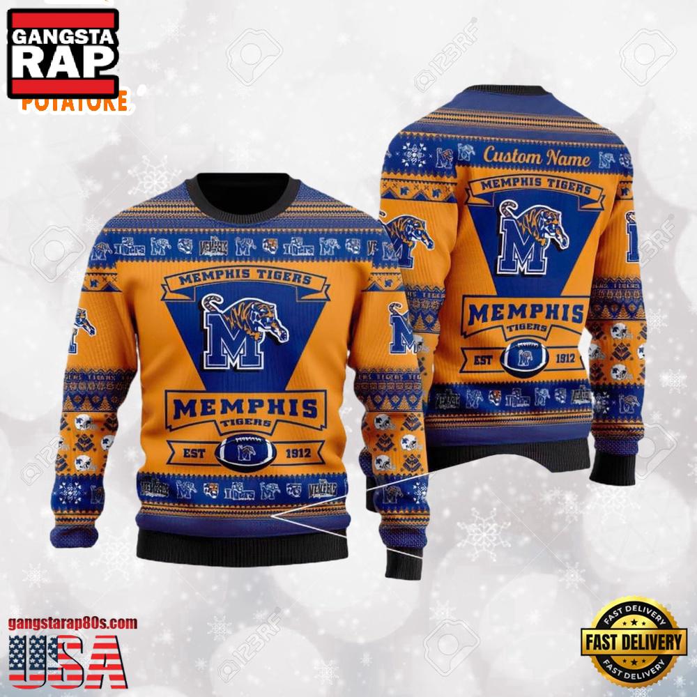 Memphis Tigers Logo Custom Name For Football Fans NCAA Ugly Christmas Sweater
