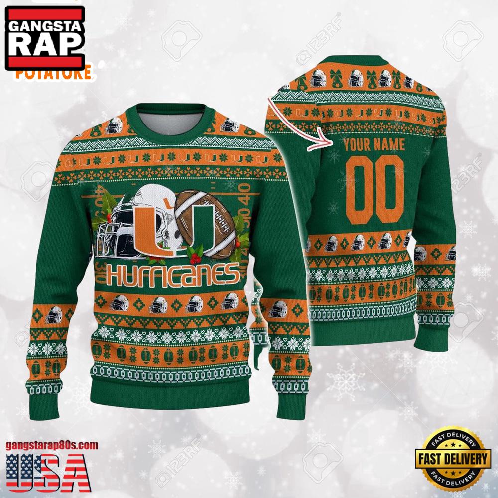 Personalized Miami Hurricanes Logo Football NCAA Ugly Christmas Sweater Personalized Miami Hurricanes Logo Football NCAA Ugly Christmas Sweater