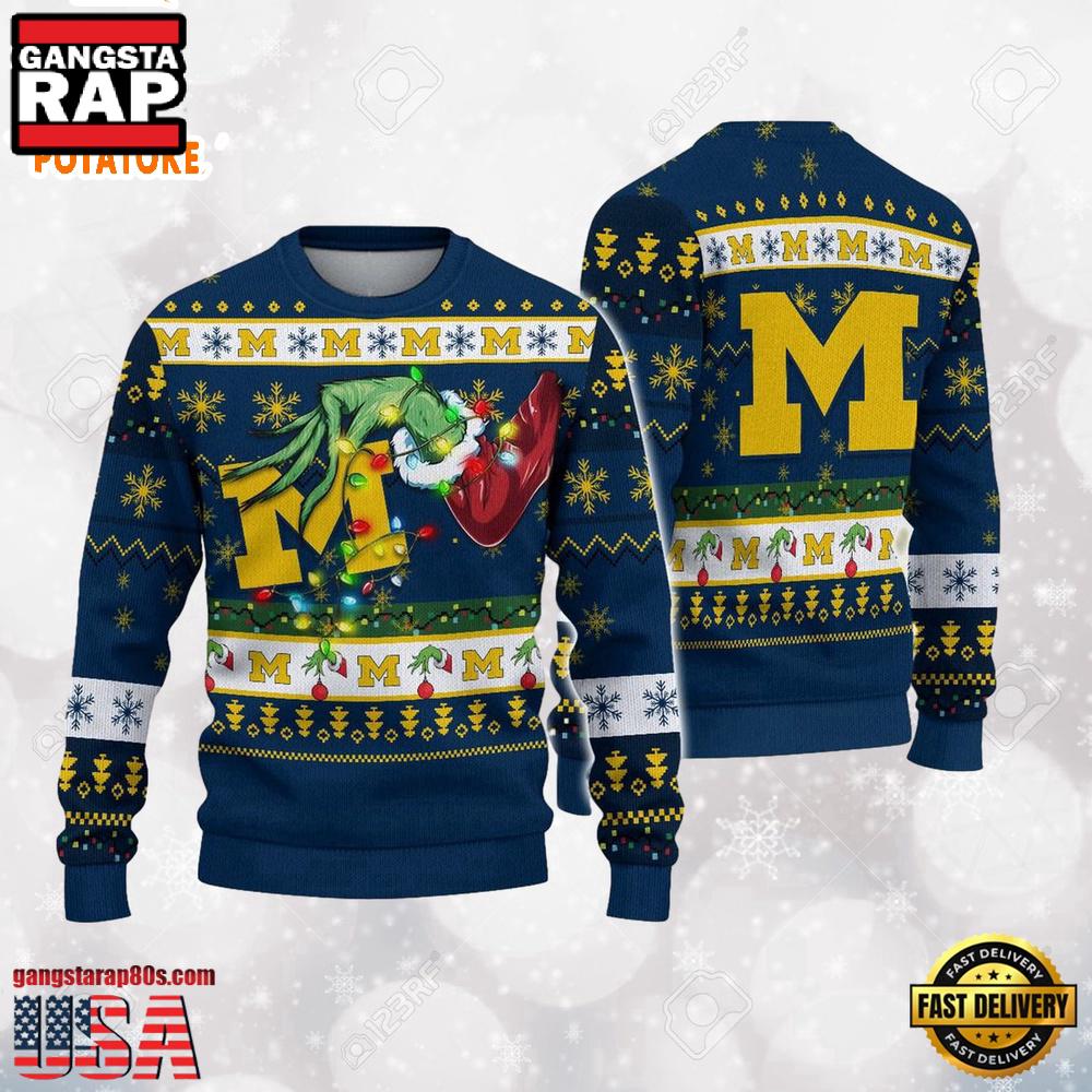 Michigan Wolverines Merry Christmas Grinch Hand NCAA Ugly Christmas Sweater Michigan Wolverines Merry Christmas Grinch Hand NCAA Ugly Christmas Sweater