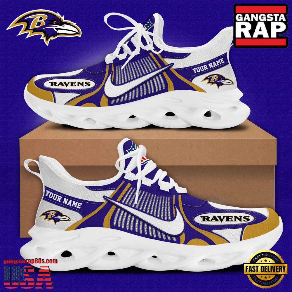 Personalized NFL Baltimore Ravens Blue White Stripes Logo Clunky Max Soul Shoes Personalized NFL Baltimore Ravens Blue White Stripes Logo Clunky Max Soul Shoes