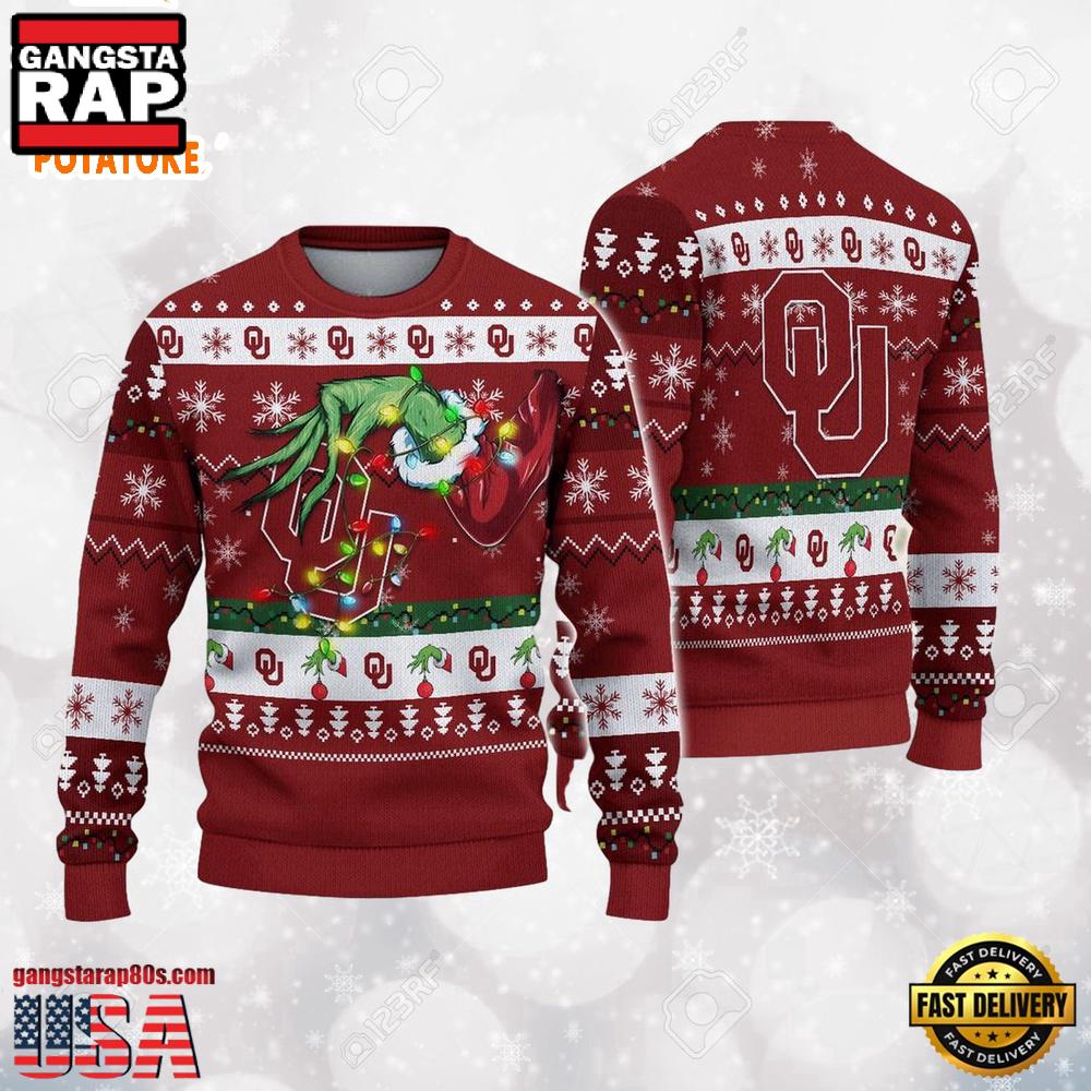 Oklahoma Sooners Merry Christmas Grinch Hand NCAA Ugly Christmas Sweater Oklahoma Sooners Merry Christmas Grinch Hand NCAA Ugly Christmas Sweater
