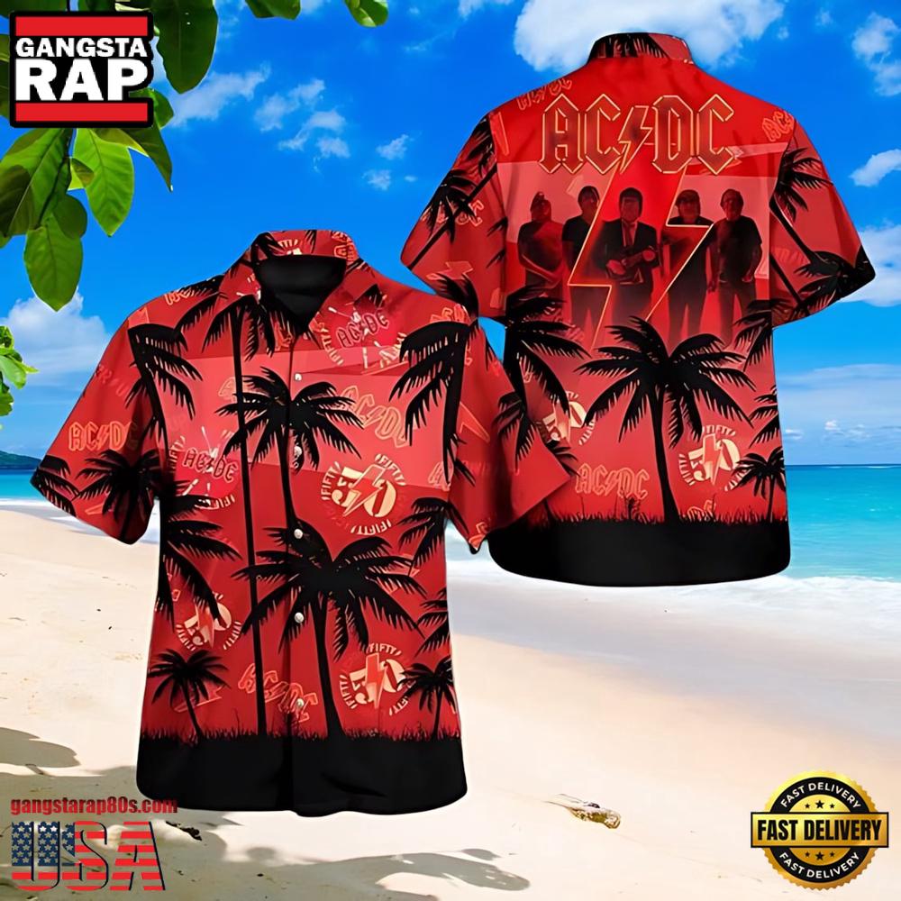 Red & Black ACDC Rock Band Palm Tree Hawaiian Shirt