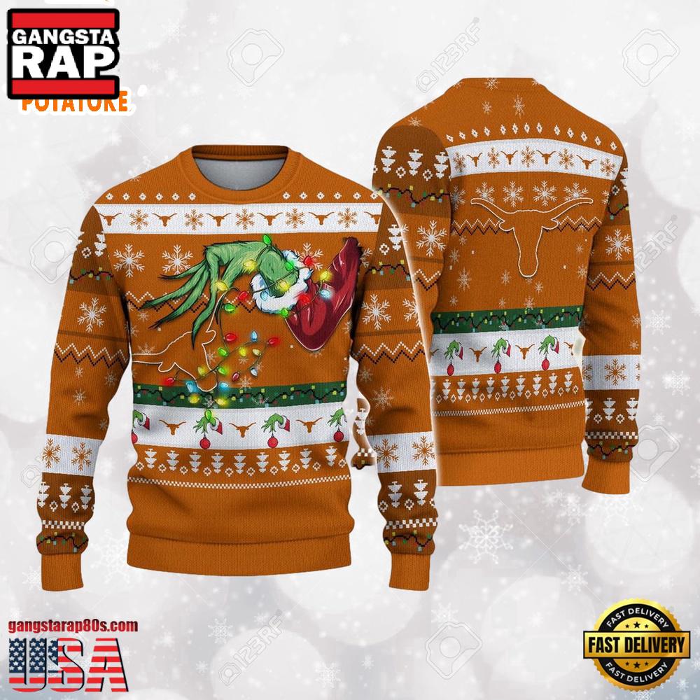 Texas Longhorns Merry Christmas Grinch Hand NCAA Ugly Christmas Sweater Texas Longhorns Merry Christmas Grinch Hand NCAA Ugly Christmas Sweater