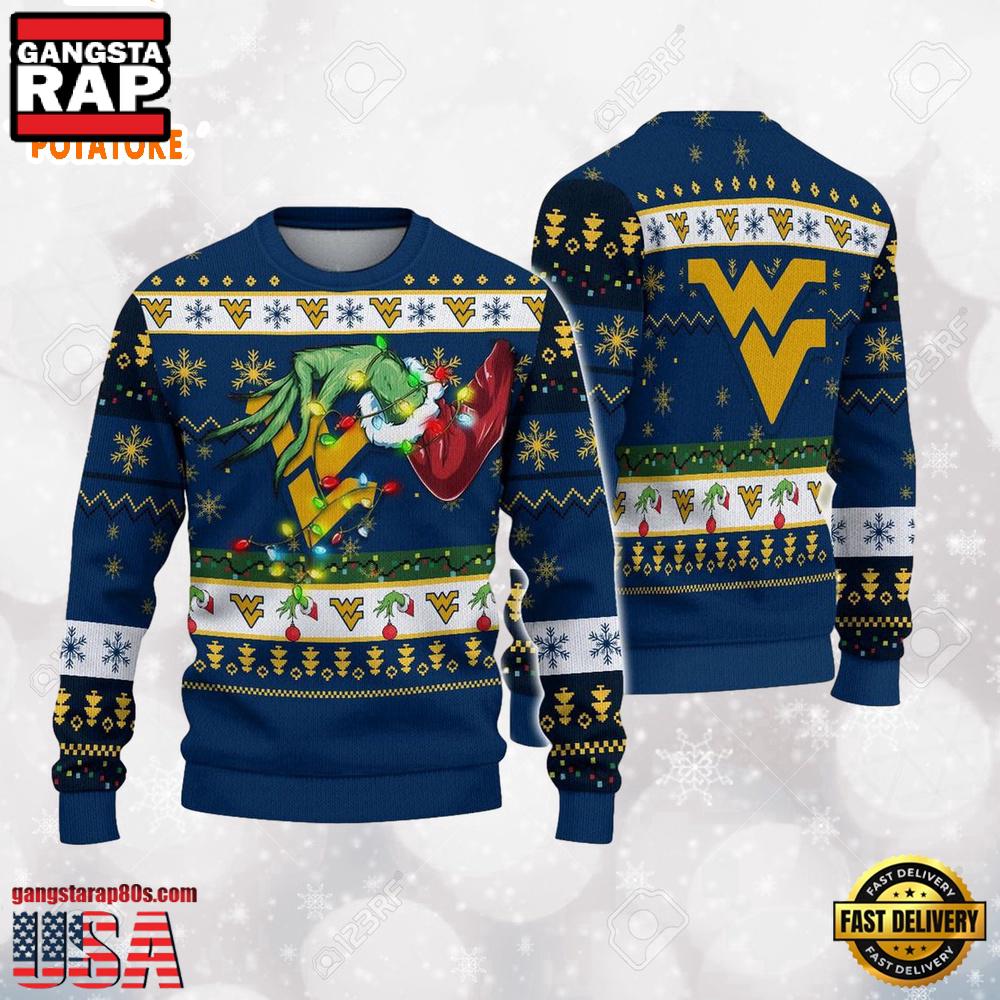 West Virginia Mountaineers Merry Christmas Grinch Hand NCAA Ugly Christmas Sweater West Virginia Mountaineers Merry Christmas Grinch Hand NCAA Ugly Christmas Sweater
