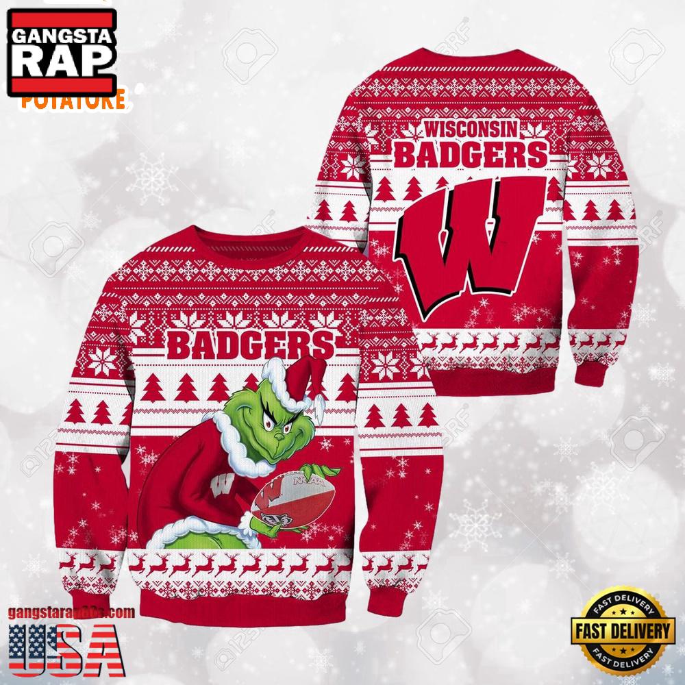 Wisconsin Badgers Grinch Custom Name NCAA Ugly Christmas Sweater Wisconsin Badgers Grinch Custom Name NCAA Ugly Christmas Sweater