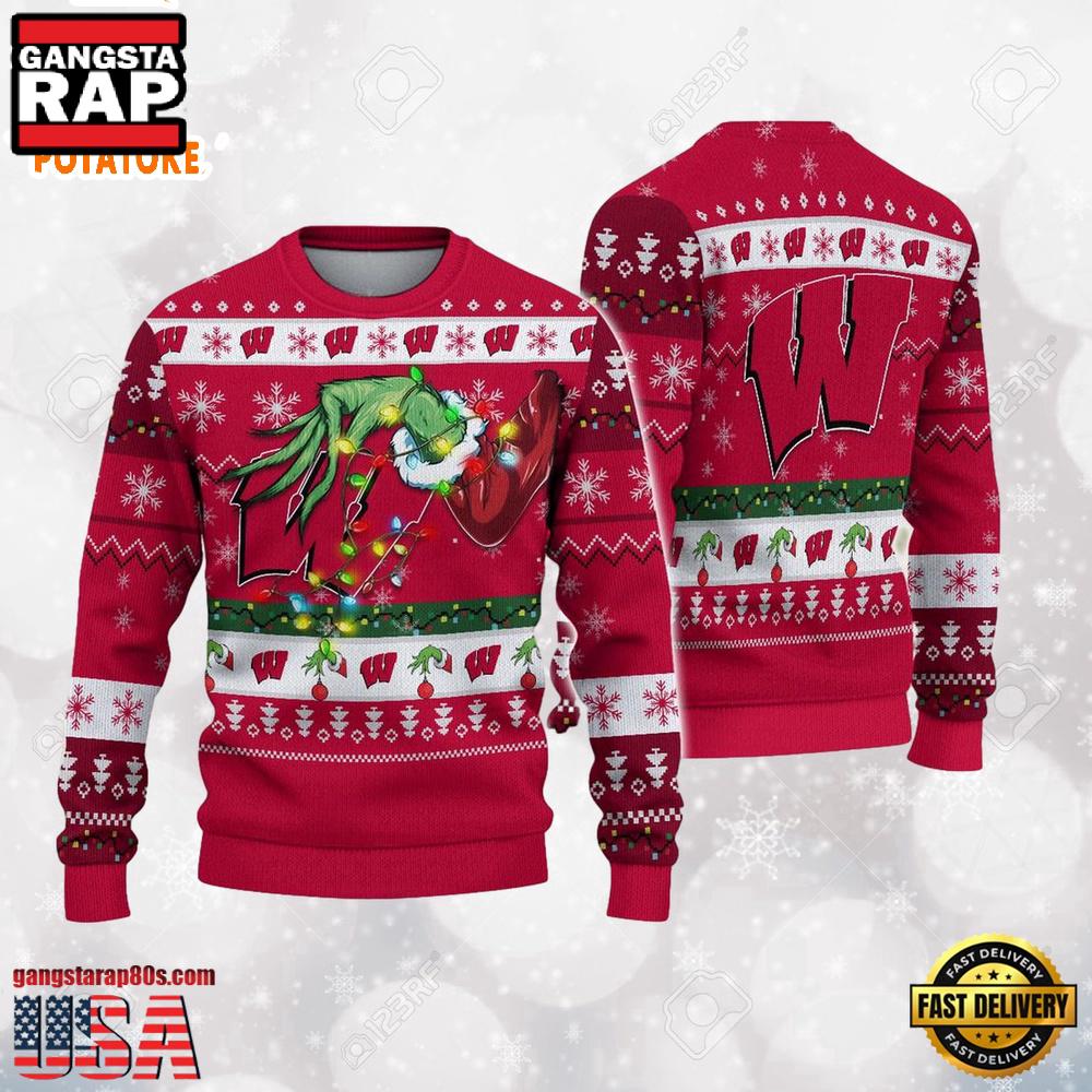 Wisconsin Badgers Merry Christmas Grinch Hand NCAA Ugly Christmas Sweater Wisconsin Badgers Merry Christmas Grinch Hand NCAA Ugly Christmas Sweater