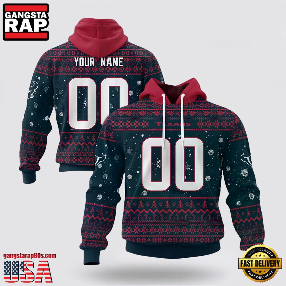 Custom Name And Number NFL Houston Texans Christmas Spirit All Over Print Hoodie Shirt