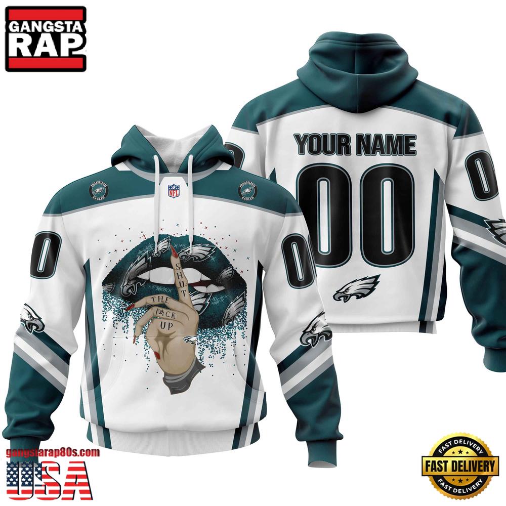 Custom Name And Number NFL Philadelphia Eagles Lips All Over Print Hoodie