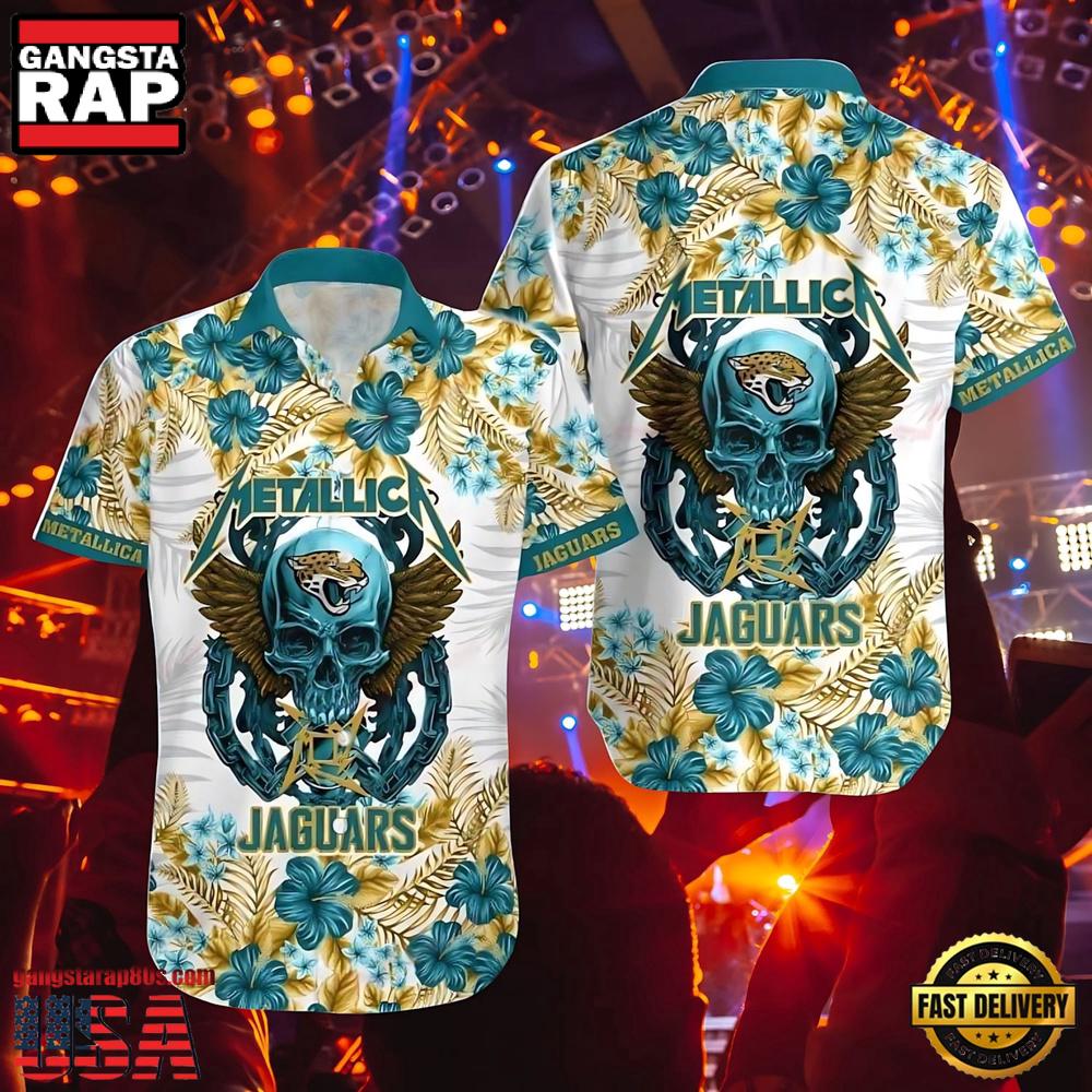 Jacksonville Jaguars Nfl Skull And Flower Pattern Metallica Short Sleeve Hawaiian Shirt Jacksonville Jaguars Nfl Skull And Flower Pattern Metallica Short Sleeve Hawaiian Shirt