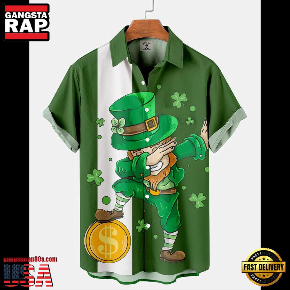 Mens St. Patrick'S Day Spooky Elf Print Color Block Hawaiian Shirt Mens St. Patrick'S Day Spooky Elf Print Color Block Hawaiian Shirt