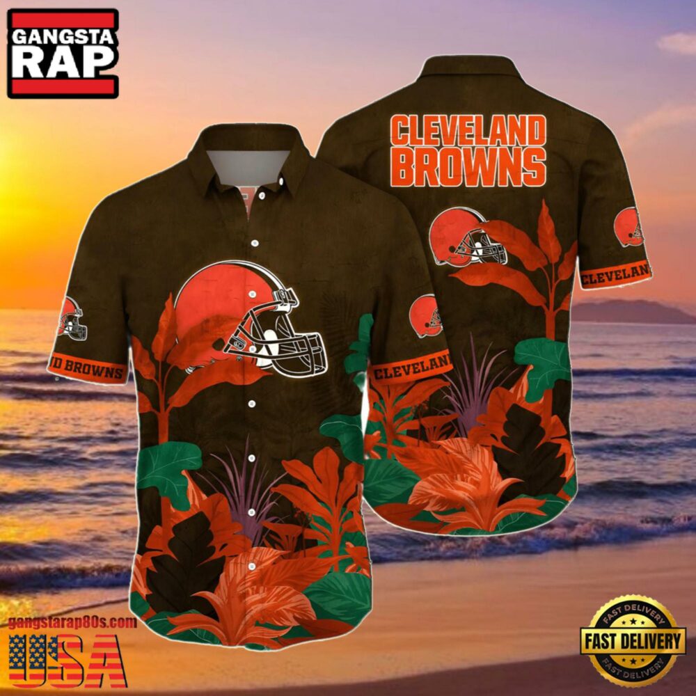 NFL Browns Summer Hawaiian Shirt Tropical Leaf Print NFL Browns Summer Hawaiian Shirt Tropical Leaf Print