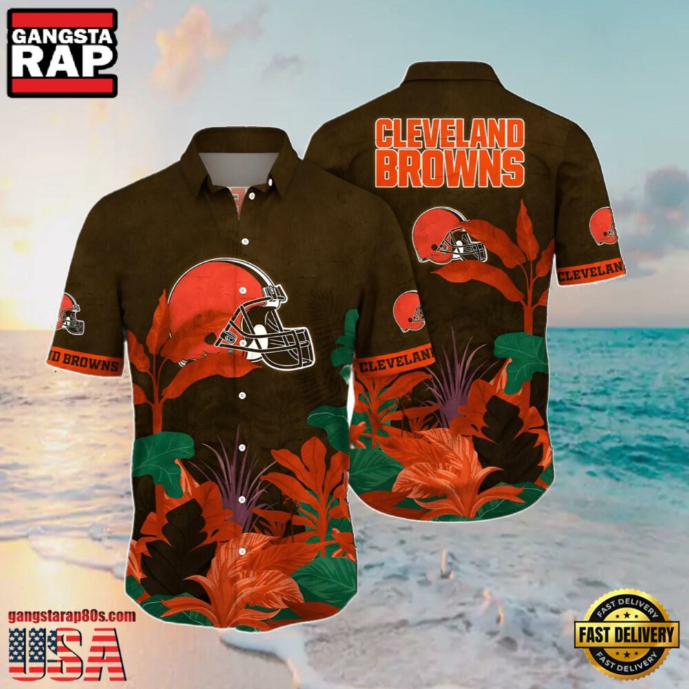 NFL Browns Summer Hawaiian Shirt Tropical Leaf Print NFL Browns Summer Hawaiian Shirt Tropical Leaf Print