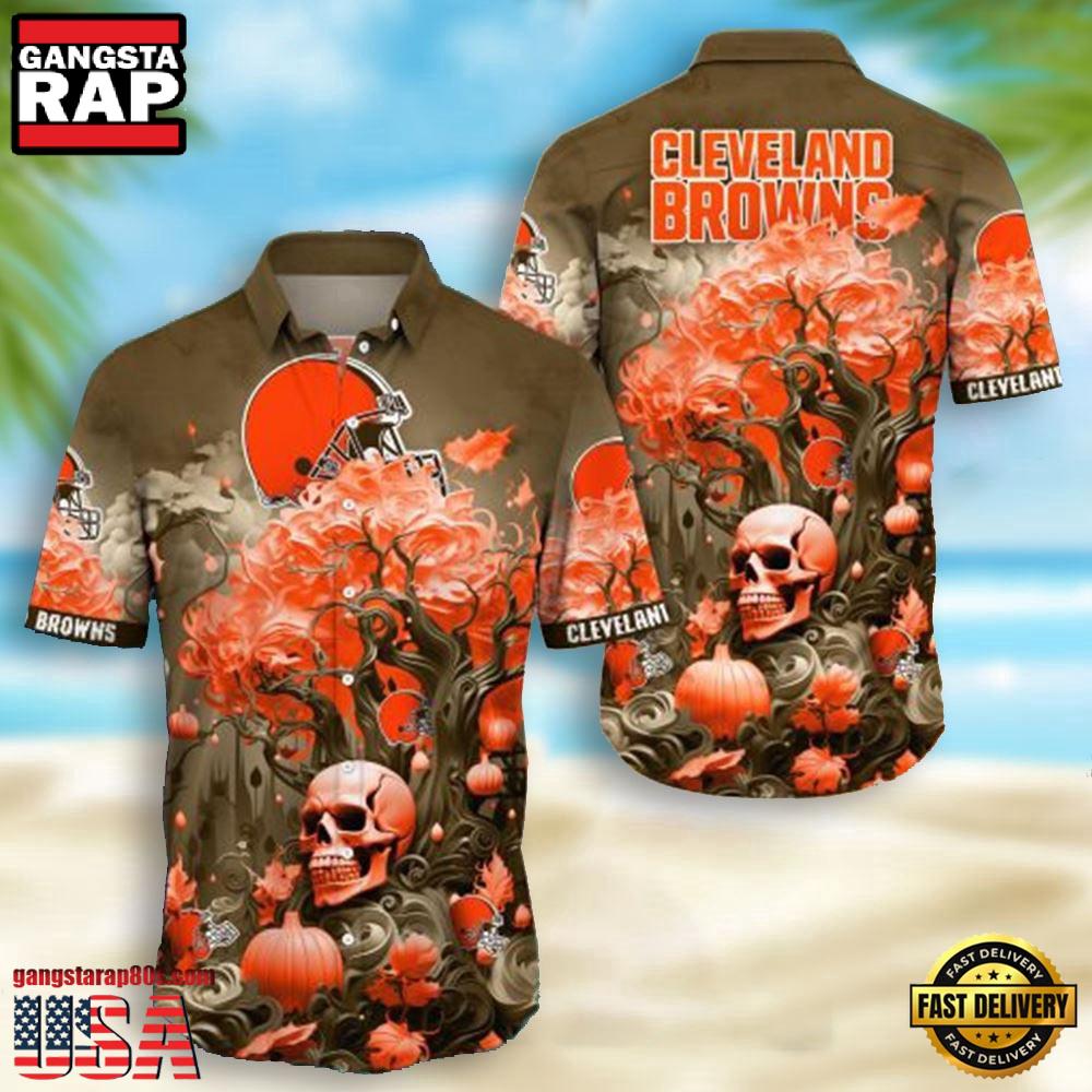 NFL Cleveland Browns Skull Pumpkin Hawaiian Shirt For Men Women NFL Cleveland Browns Skull Pumpkin Hawaiian Shirt For Men Women