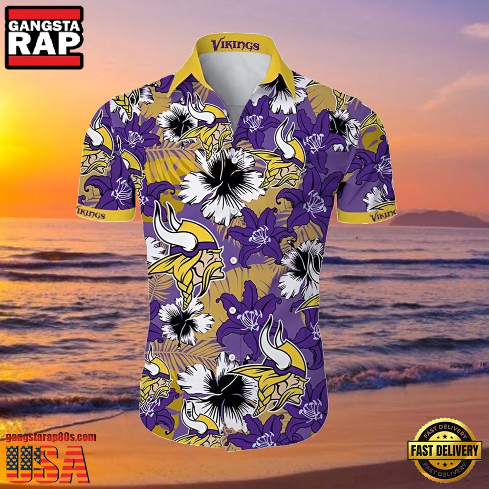NFL Hawaiian Vikings Shirt Tropical Flower Purple Yellow NFL Hawaiian Vikings Shirt Tropical Flower Purple Yellow