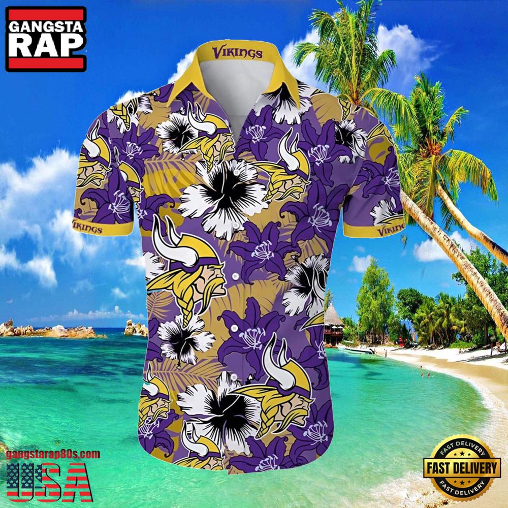 NFL Hawaiian Vikings Shirt Tropical Flower Purple Yellow NFL Hawaiian Vikings Shirt Tropical Flower Purple Yellow