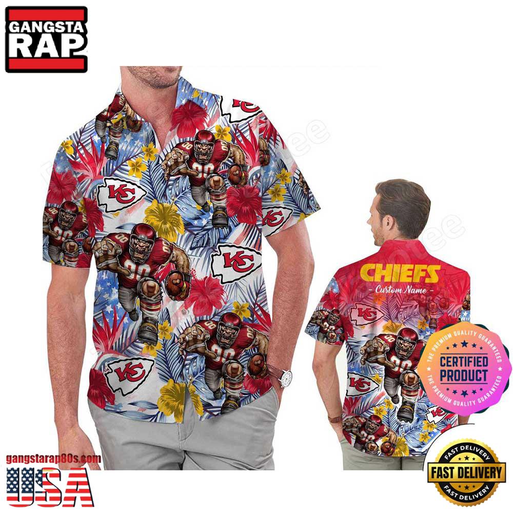 NFL Kansas City Chiefs America Flag Tropical Floral Custom Hawaiian Shirt For Men Women NFL Kansas City Chiefs America Flag Tropical Floral Custom Hawaiian Shirt For Men Women