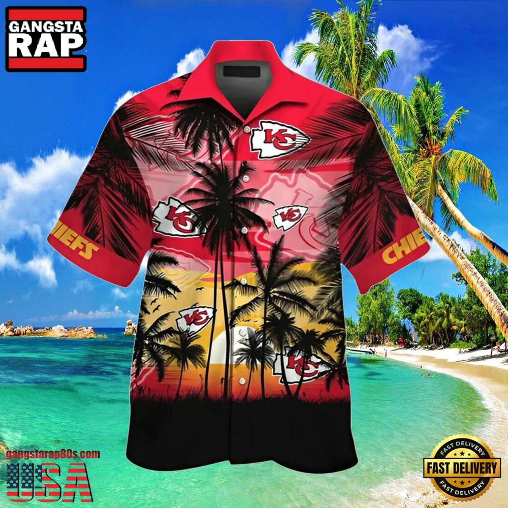 NFL KC Chiefs Hawaiian Shirt Mens Tropical Palm Tree Sunset NFL KC Chiefs Hawaiian Shirt Mens Tropical Palm Tree Sunset