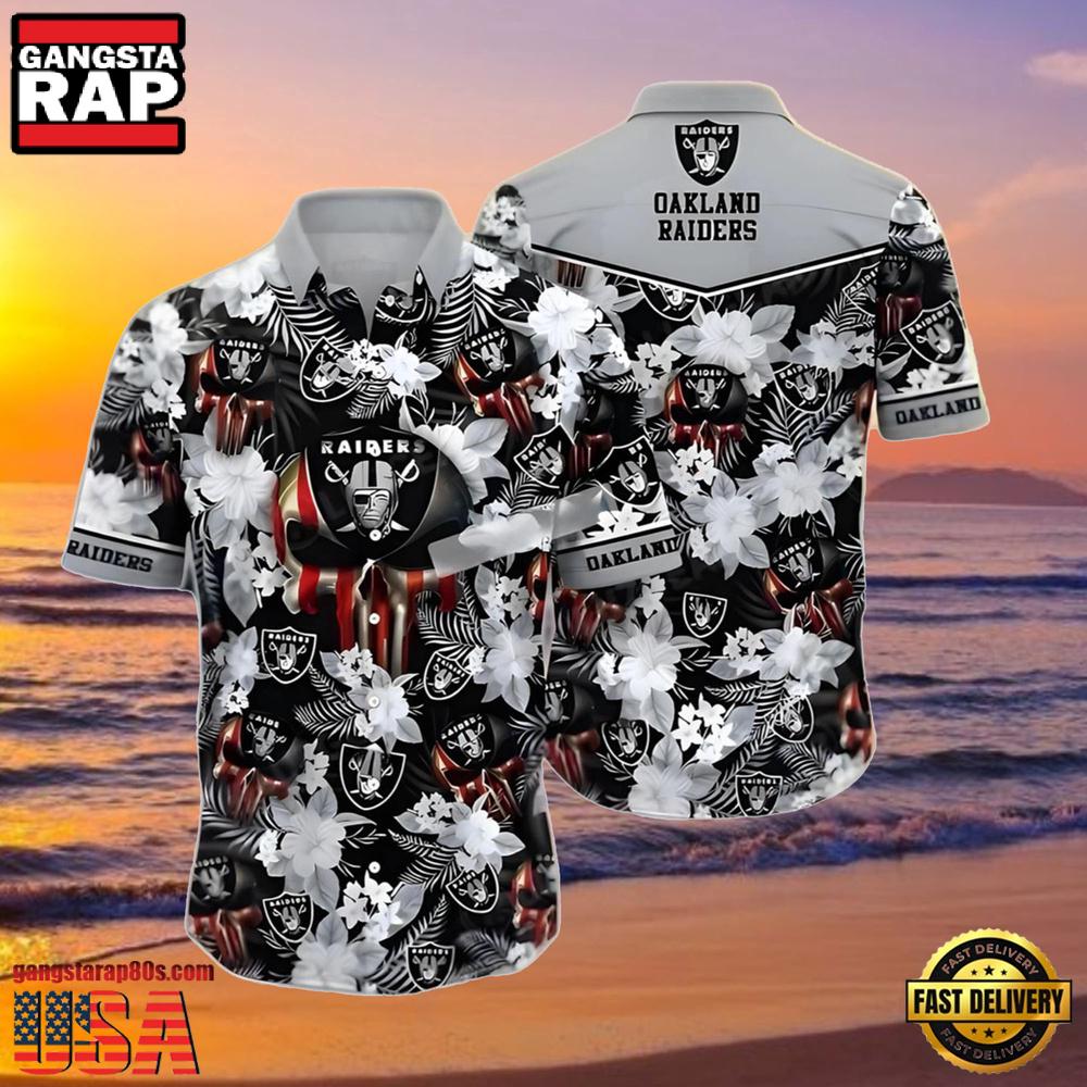 NFL Men's Raiders Hawaiian Shirt Skull Flowers Grey NFL Men's Raiders Hawaiian Shirt Skull Flowers Grey