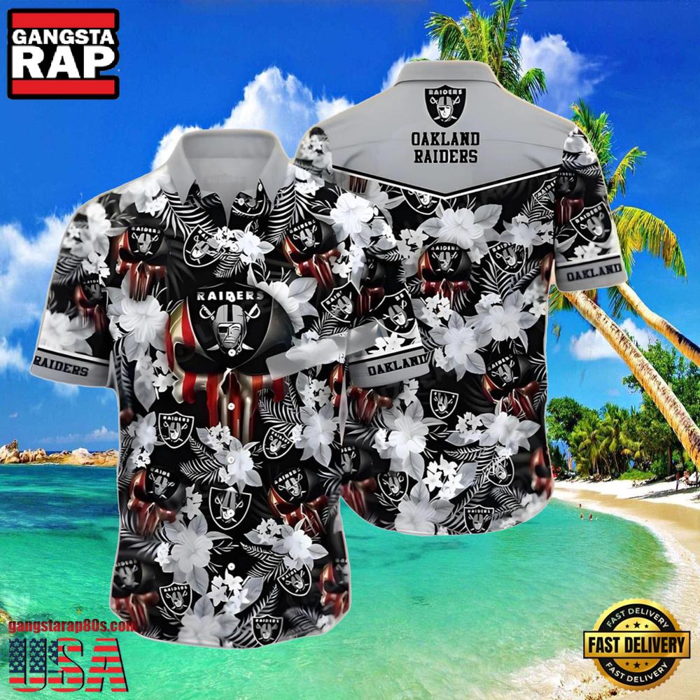 NFL Men's Raiders Hawaiian Shirt Skull Flowers Grey NFL Men's Raiders Hawaiian Shirt Skull Flowers Grey